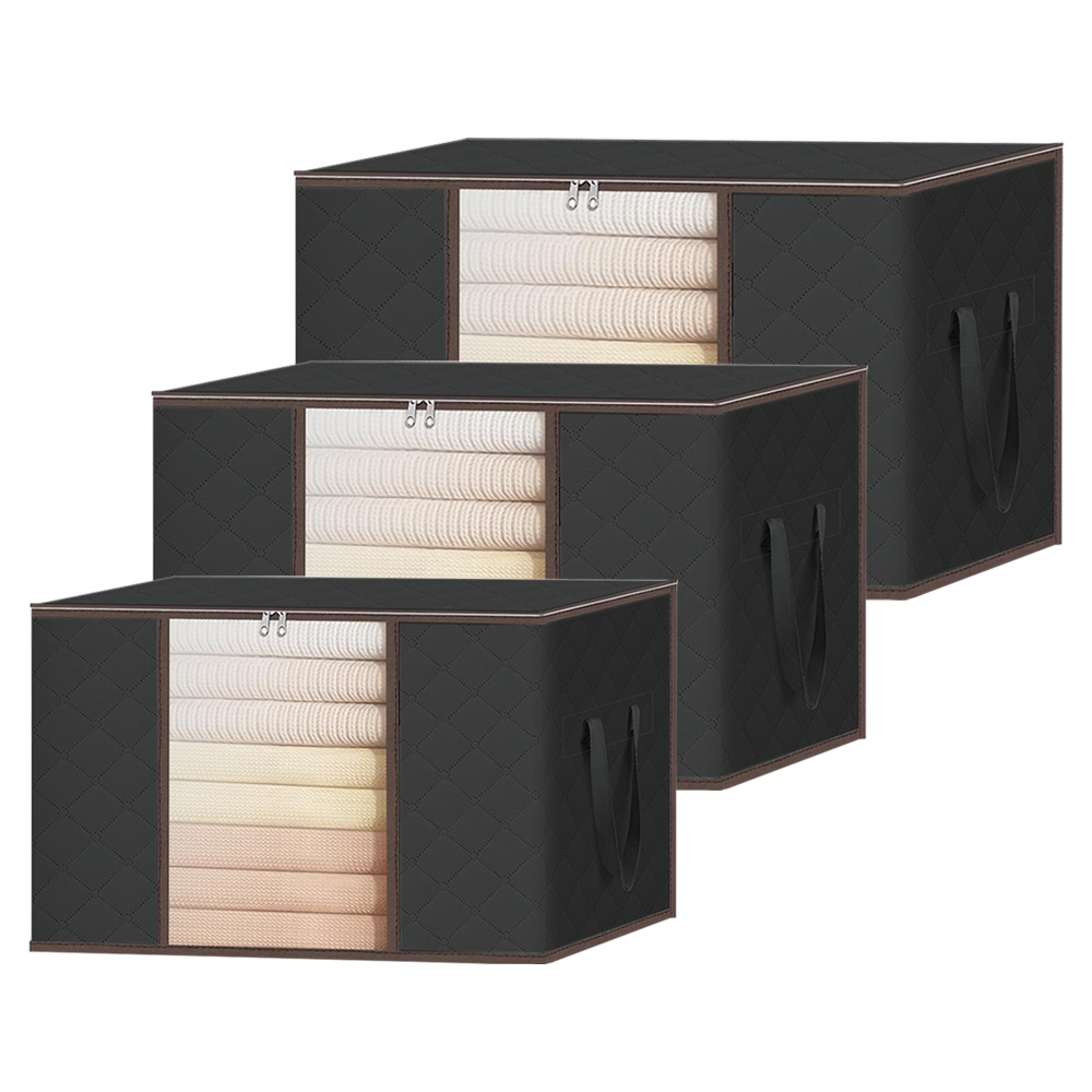 Set 3 Cutii pentru Depozitare si Organizare Lodi1053, 3 dimensiuni, pliabile, maner ranforsat si fereastra transparenta, pentru haine/paturi/ plapumi/ perne/ lenjerii de pat/jucarii, 60 L / 84 L / 105 L, negru