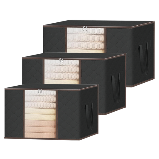 Set 3 Cutii pentru Depozitare si Organizare Lodi1053, 3 dimensiuni, pliabile, maner ranforsat si fereastra transparenta, pentru haine/paturi/ plapumi/ perne/ lenjerii de pat/jucarii, 60 L / 84 L / 105 L, negru