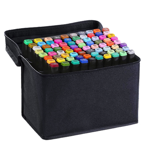 Set 80 Markere Lodi17, geanta de depozitare inclusa, 2 tipuri de varf, pe baza de alcool, culori intense, multicolor