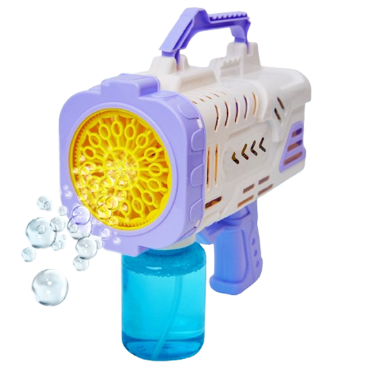 Pistol de Facut Baloane Bubble Gun Lodi67, tip Bazooka, automat, rezerva incluse, alimentare cu baterii, alb/mov