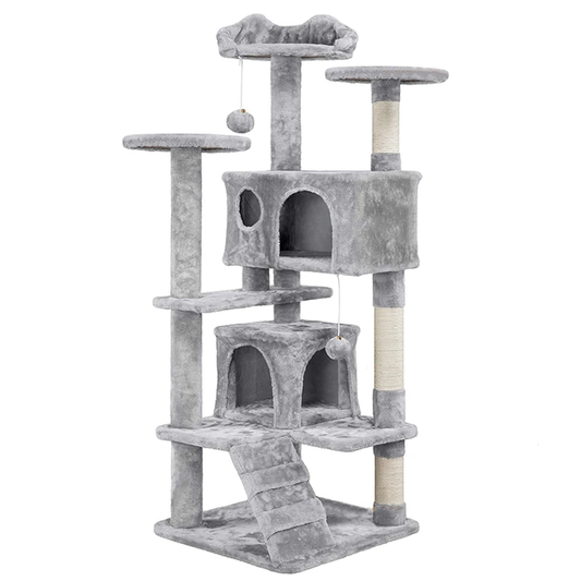 Ansamblu de Joaca pentru Pisici Lodi628, tip turn, 3 platforme de observatie, 6 niveluri, 2 casute, scara, franghie si mingiuta de joaca, stalpi pentru zgariat, captuseala extra moale, structura stabila, 138.5 cm, gri deschis