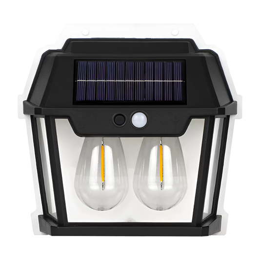 Lampa Solara de Perete LED Tip Felinar Dublu Lodi1273, senzor de miscare 5-8 metri, fara fir, 3 moduri de iluminare, protectie IP65, Waterproof, exterior, negru