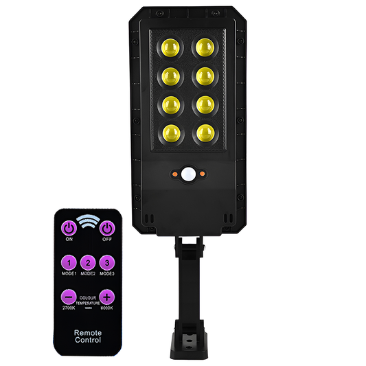 Lampa Solara Stradala 8 LED-uri Lodi865, tip bec, control prin telecomanda, senzor de miscare, 3 moduri de iluminare, protectie IP65, Waterproof, exterior, negru