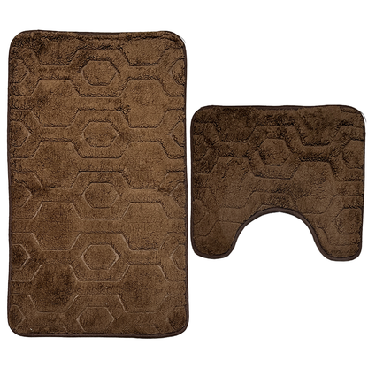 Set 2 Covorase de Baie Lodi1016, anti-derapante, material moale, design modern, model hexagoane, 80x50 & 50x40cm, maro