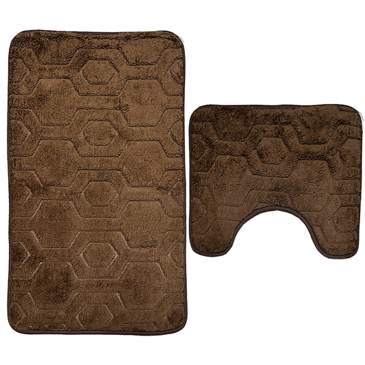 Set 2 Covorase de Baie Lodi1016, anti-derapante, material moale, design modern, model hexagoane, 80x50 & 50x40cm, maro