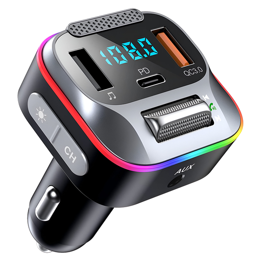 Modulator FM Auto Lodi1287, Bluetooth 5.0, functie de dubla incarcare, afisare voltaj baterie, transmitator FM, 4 porturi, USB Type-C, port AUX, capacitate memorie 32 GB, lumini led, gri