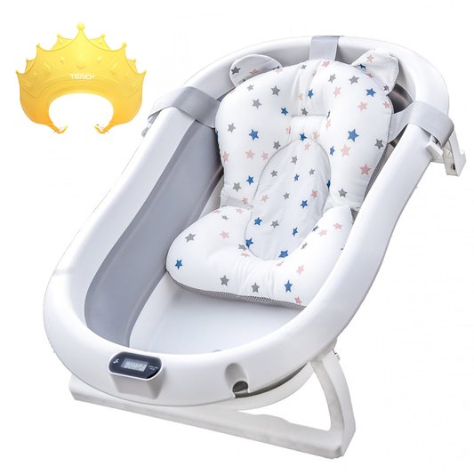 Cadita cu Pernuta pentru Bebelusi Lodi1313, casca de protectie inclusa, termometru digital incorporat, pliabila, dop de scurgere, picioare anti-alunecare, design ergonomic, 75 x 45 x 22 cm, gri cu stelute