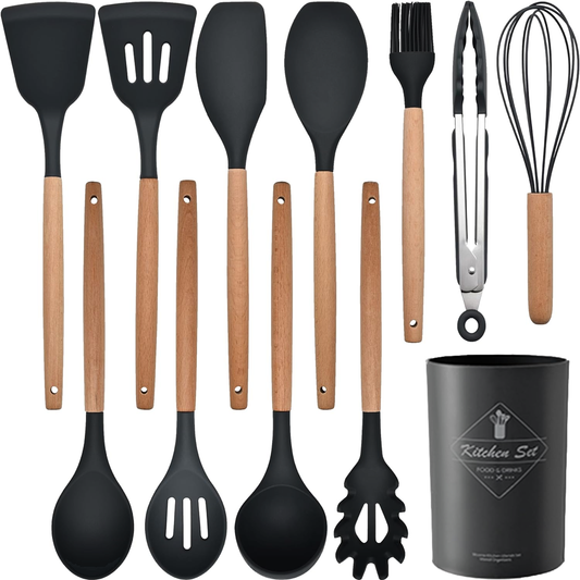 Set Ustensile Bucatarie 12 Piese Silicon Alimentar Lodi622, termorezistente, antiaderente, sigure, suport inox, negru