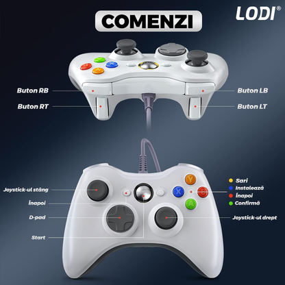 Controller de Joc cu Fir Lodi1426, compatibil cu Xbox 360/Slim/PC Windows 7/8/10, vibrații duble turbo cu 3 intensități, sensitivitate ridicată, cablu cu lungime de 2.5 m, alb