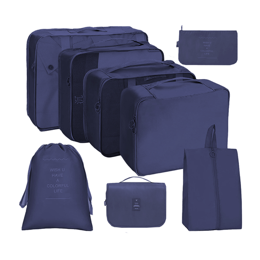 Set 8 Organizatoare Lodi672, pentru calatorie, diferite marimi, 3 genti cu plasa, 1 geanta pentru lenjerie, geanta pentru cosmetice, sac pentru hainele murdare, inchidere cu fermoar dublu, plasa, albastru inchis