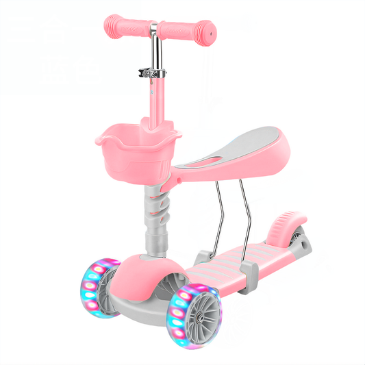 Trotineta pentru Copii 2 in 1 Lodi1113, scaunel incorporat, lumini,3 roti, cosulet frontal, anti-aluncare, inaltime ajustabila, stabila, frana, incorporata, 3-11 ani, roz