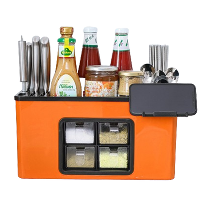 Organizator Multifunctional pentru Bucatarie Lodi603, 4 Compartimente, raft condimente, suport detasabil telefon,  tavita de scurgere, suport tacamuri/ustensile, portocaliu