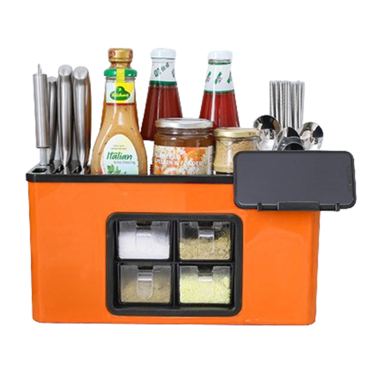 Organizator Multifunctional pentru Bucatarie Lodi603, 4 Compartimente, raft condimente, suport detasabil telefon,  tavita de scurgere, suport tacamuri/ustensile, portocaliu