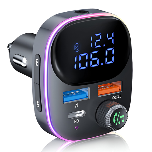 Modulator FM Auto Lodi1288, Bluetooth 5.3, functie de dubla incarcare, afisare voltaj baterie, transmitator FM, 3 porturi, USB Type-C, port PD, capacitate memorie 32 GB, lumini led, gri