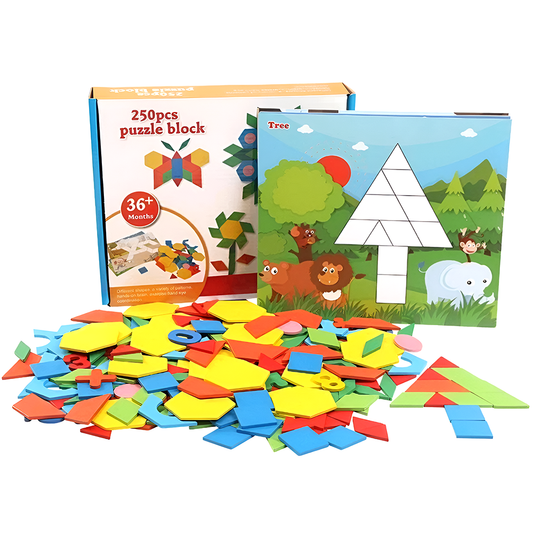 Joc Educativ din Lemn Lodi1172, Tangram cu 250 piese, 12 planse de puzzle, cifre și simboluri matematice, dezvolta inteligenta, culori non-toxice, multicolor