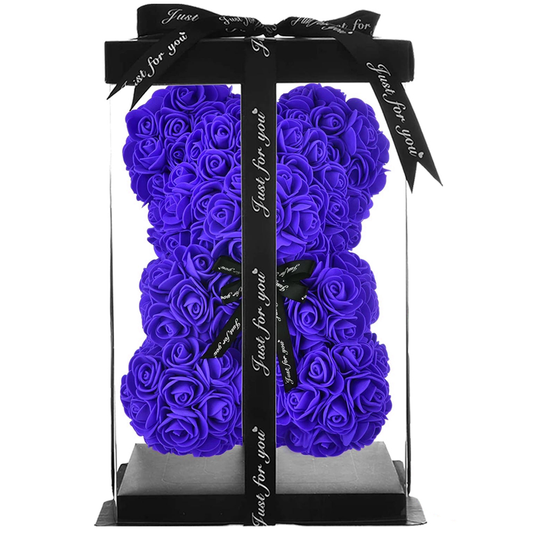 Ursulet din Trandafiri de Spuma Lodi332, floral albastru, handmade, cutie transparenta, 25 cm