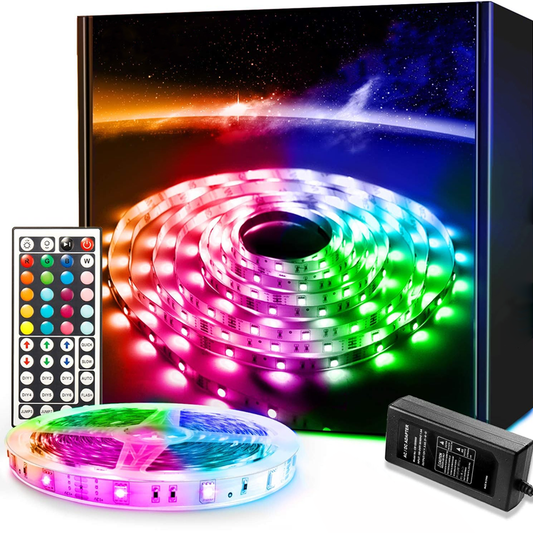 Kit Banda LED RGB Lodi453, inteligenta cu intensitate de lumina si culori reglabile, control prin telecomanda cu 44 taste, 5050RGB, utilizare exterior IP20, 5 m, multicolora