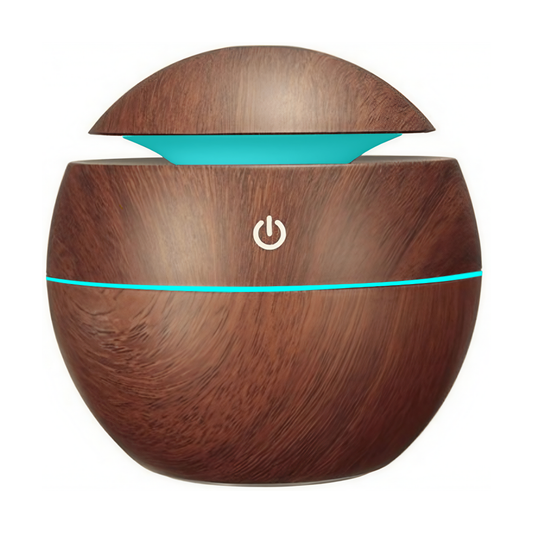 Difuzor Aromaterapie Lodi1465, forma de sfera, 7 culori LED, lumini dinamice, control tactil, capacitate 130ml, silentios, rezerva inclusa, umidifica aerul, stejar inchis