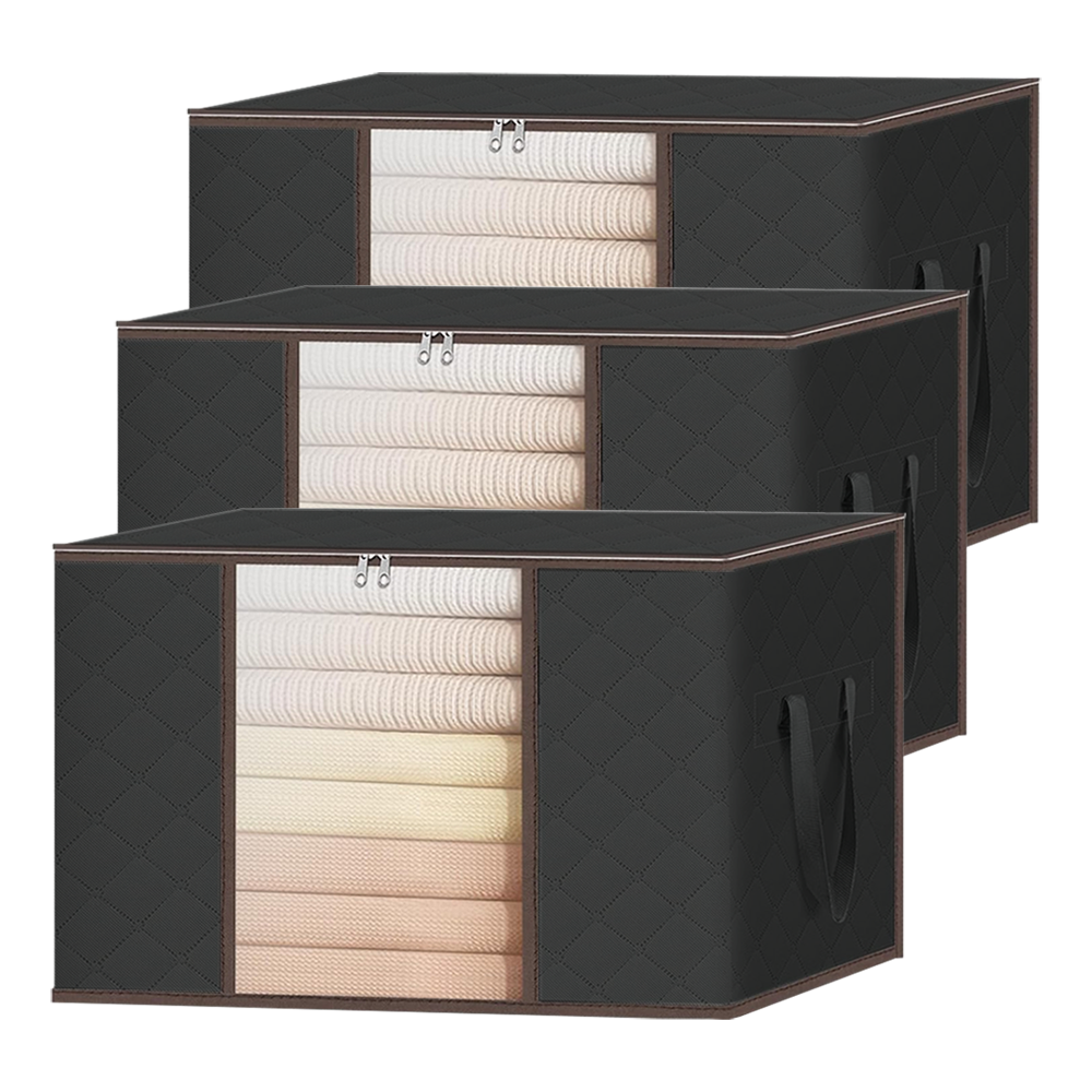 Set 3 Cutii pentru Depozitare si Organizare Mici Lodi1033, pliabile, maner ranforsat si fereastra transparenta, pentru haine/paturi/ plapumi/ perne/ lenjerii de pat/jucarii, 60 L, 46x48x28 cm, negru