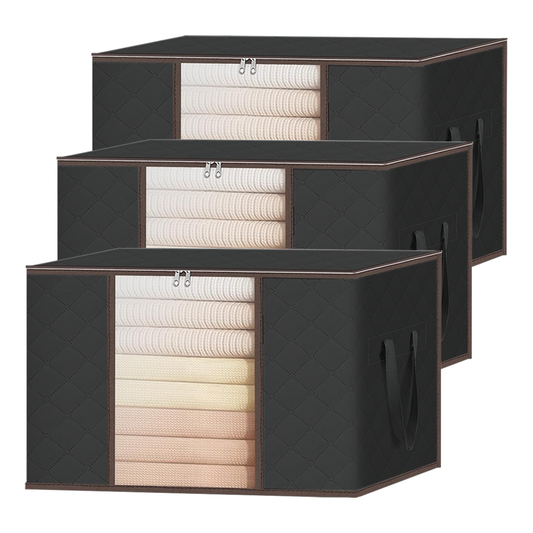 Set 3 Cutii pentru Depozitare si Organizare Mici Lodi1033, pliabile, maner ranforsat si fereastra transparenta, pentru haine/paturi/ plapumi/ perne/ lenjerii de pat/jucarii, 60 L, 46x48x28 cm, negru