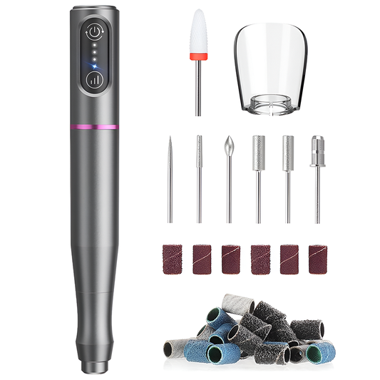 Pila Electrica Profesionala pentru Unghii Lodi1139, freza wireless, 20000 RPM, indicator LED, manichiura-pedichiura, 6 capete pentru pila, 60 benzi de slefurie, portabila, gri