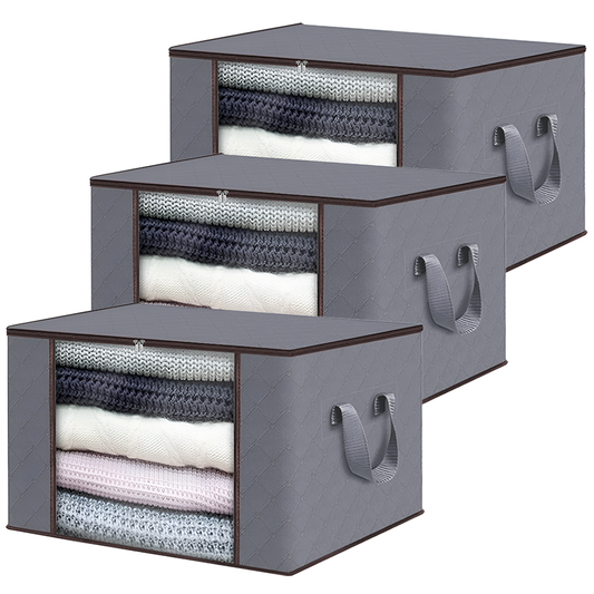 Set 3 Cutii pentru Depozitare si Organizare Mari Lodi1038, pliabile, maner ranforsat si fereastra transparenta, pentru haine/paturi/ plapumi/ perne/ lenjerii de pat/jucarii, 105 L,  70x50x30 cm, gri deschis