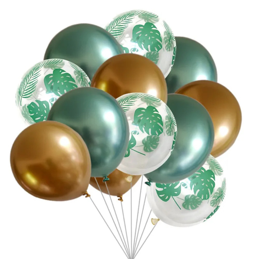 Set 15 Baloane Lodi305, Model Frunze, pentru Petreceri/Aniversari/Evenimente, o singura dimensiune, 3 culori, latex, verde/auriu/transparent