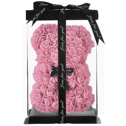 Ursulet din Trandafiri de Spuma Lodi331, floral roz, handmade, cutie transparenta, 25 cm