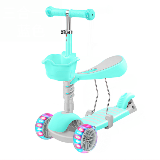 Trotineta pentru Copii 2 in 1 Lodi1111, scaunel incorporat, lumini,3 roti, cosulet frontal, anti-aluncare, inaltime ajustabila, stabila, frana, incorporata, 3-11 ani, turcoaz