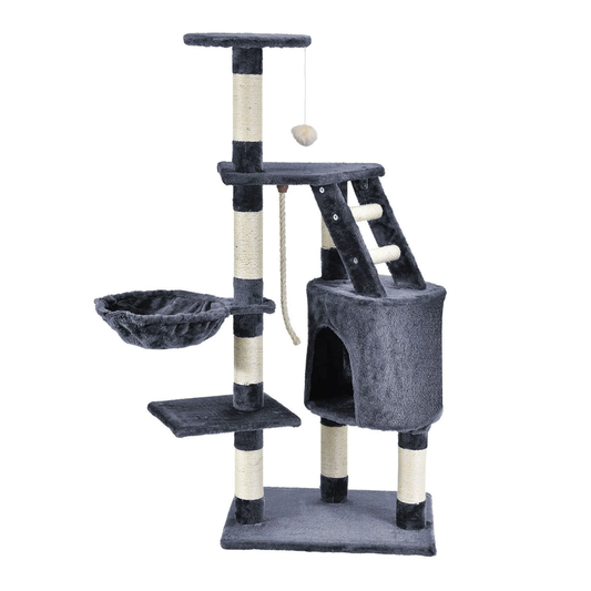 Ansamblu de Joaca pentru Pisici Lodi631, tip turn, 1 platforma de observatie, 4 niveluri, 1 casuta, scara, franghie si mingiute de joaca, stalpi pentru zgariat, captuseala extra moale, structura stabila, 118 cm, gri inchis