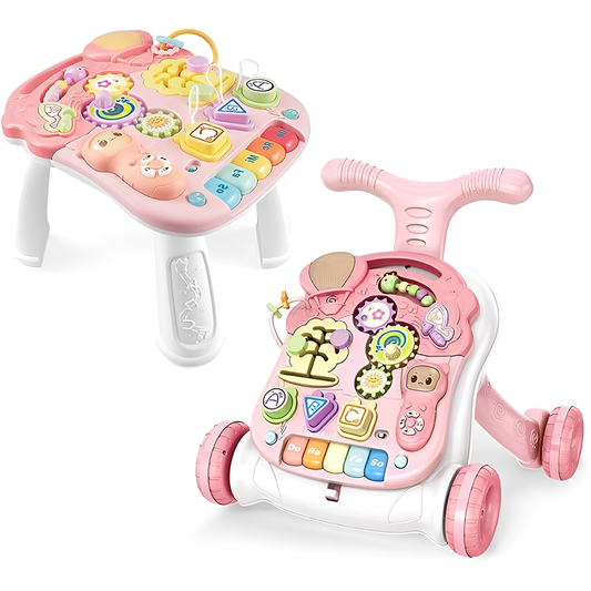 Antemergator Multifunctional 2in1 Lodi645, centru de activitati si joaca, telecomanda detasabila cu 15 melodii, masuta educativa cu 4 picioruse incluse, panou pentru invatarea numerelor si formelor, lumini si sunete, roz