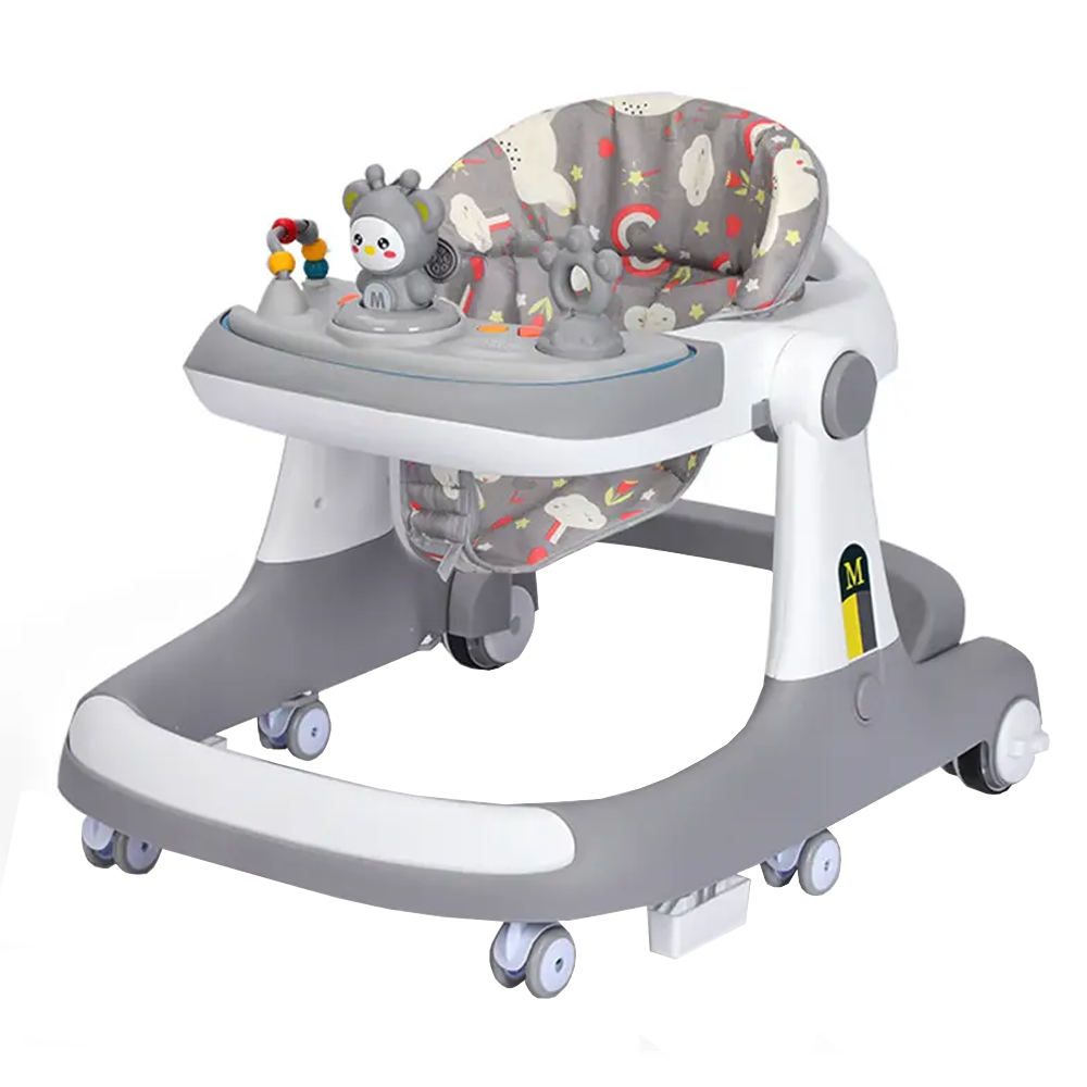 Premergator Multifunctional pentru Bebelusi Lodi637, tava cu 3 jucarii, muzica, reglabil, pliabil, greutate max 20kg, 6-36 luni, gri deschis