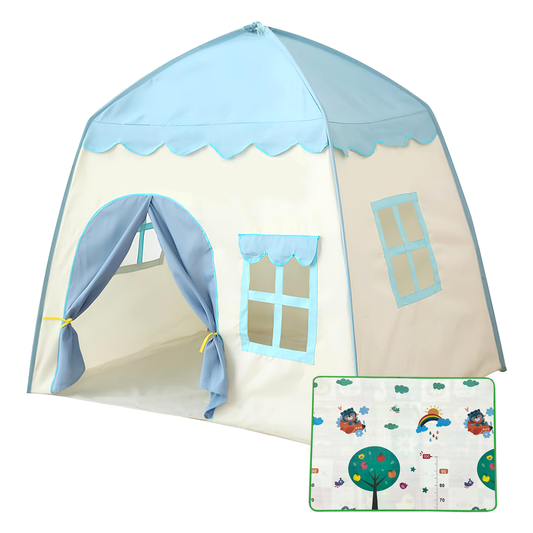 Cort de Joaca pentru Copii tip Casuta Lodi652, covoras inclus cu 2 fete, usa tip perdea, geamuri cu plasa, usor de montat, interior/exterior, albastru