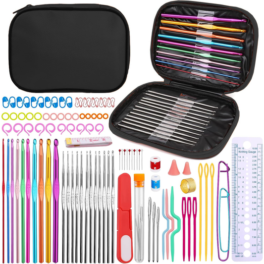 Set Profesional de Crosetat Lodi663, 100 de piese, 12 andrele subtiri argintii, 10 andrele groase multicolore, foarfeca, rigla si accesorii pentru tricotat, husa de depozitare, negru