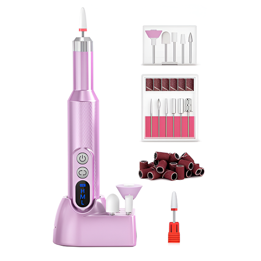 Pila Electrica Profesionala pentru Unghii Lodi1192, freza wireless, 18000 RPM, ecran LED, manichiura-pedichiura, 12 capete pentru pila, 36 benzi de slefurie, portabila, lila
