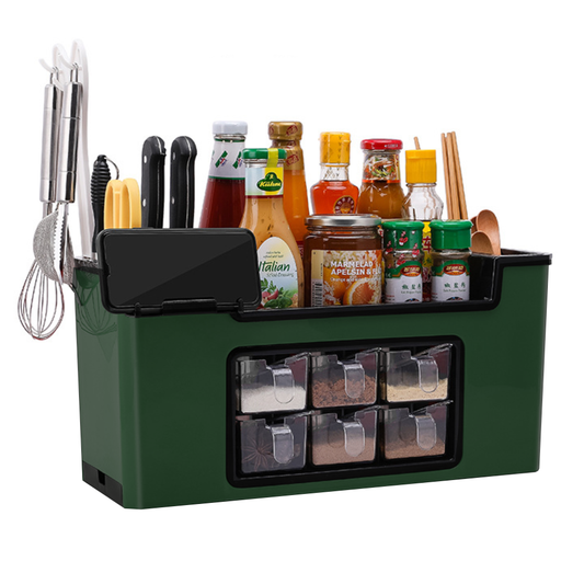 Organizator Multifunctional pentru Bucatarie Lodi533, 6 Compartimente, raft condimente, suport detasabil telefon,  tavita de scurgere, suport tacamuri/ustensile, verde