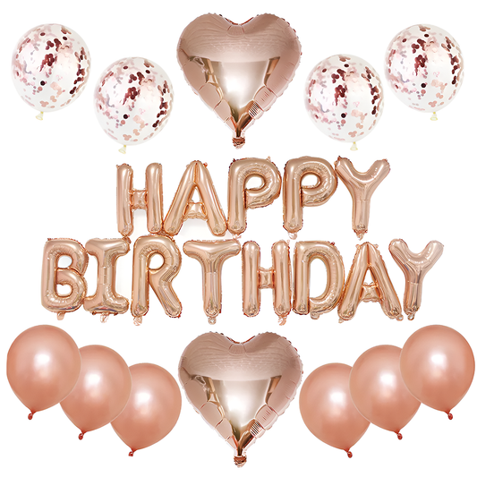 Set 25 Baloane Lodi754, Litere, pentru Petreceri/Aniversari/Evenimente, confetti, inimioare, model HAPPY BIRTHDAY, rose gold