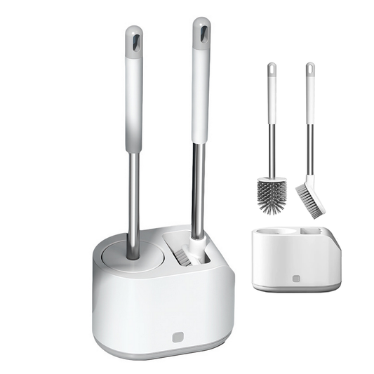 Set 2 Perii pentru Toaleta Lodi1107, perie de silicon, perie zimtata, cap flexibil, suport adeziv pentru montarea pe perete, curata orice tip de suprafata, alb/gri