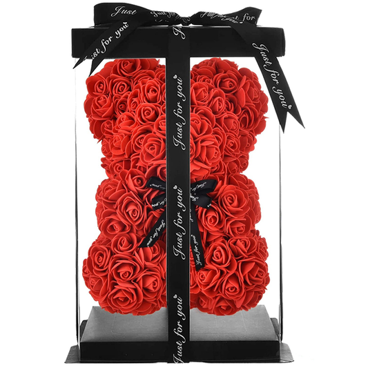 Ursulet din Trandafiri de Spuma Lodi330, floral rosu, handmade, cutie transparenta, 25 cm
