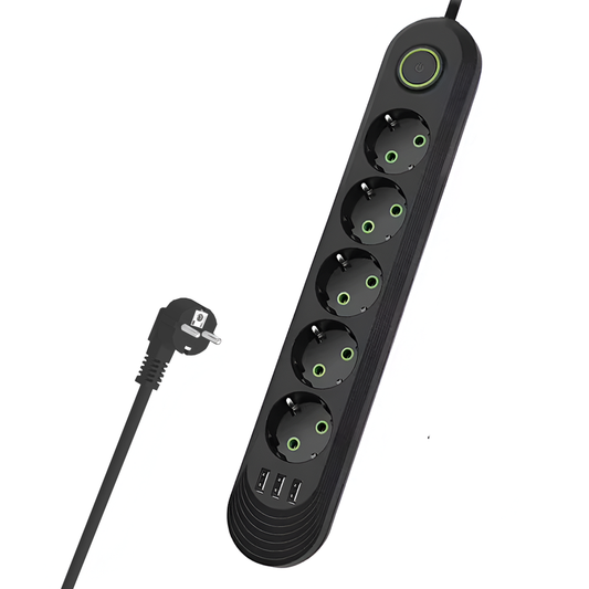 Prelungitor Lodi1279, 5 prize, 3 porturi USB, intrerupator, suport de agatare incorporat, rezistent la temperaturi inalte, universal, lungime 3 metri, negru