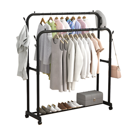 Suport pentru Umerase Lodi1243, haine/pantofi/genti, capacitate ridicata, mobil, roti cu frana incorporate, cuiere laterale, metal, 150 x 96 x 45 cm, negru