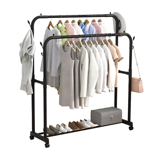 Suport pentru Umerase Lodi1243, haine/pantofi/genti, capacitate ridicata, mobil, roti cu frana incorporate, cuiere laterale, metal, 150 x 96 x 45 cm, negru