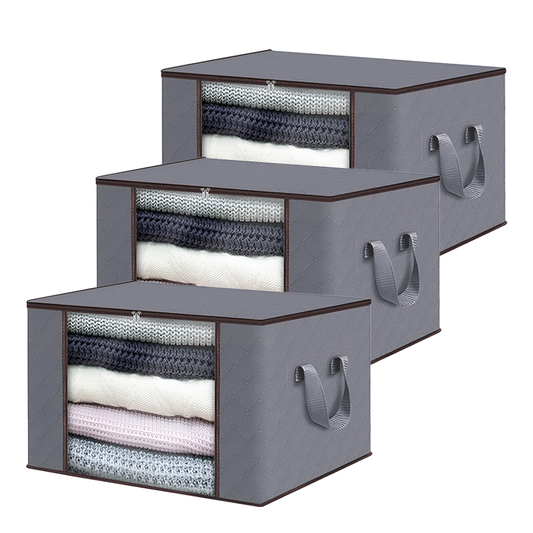 Set 3 Cutii pentru Depozitare si Organizare Mici Lodi1036, pliabile, maner ranforsat si fereastra transparenta, pentru haine/paturi/ plapumi/ perne/ lenjerii de pat/jucarii, 60 L, 46x48x28 cm, gri deschis