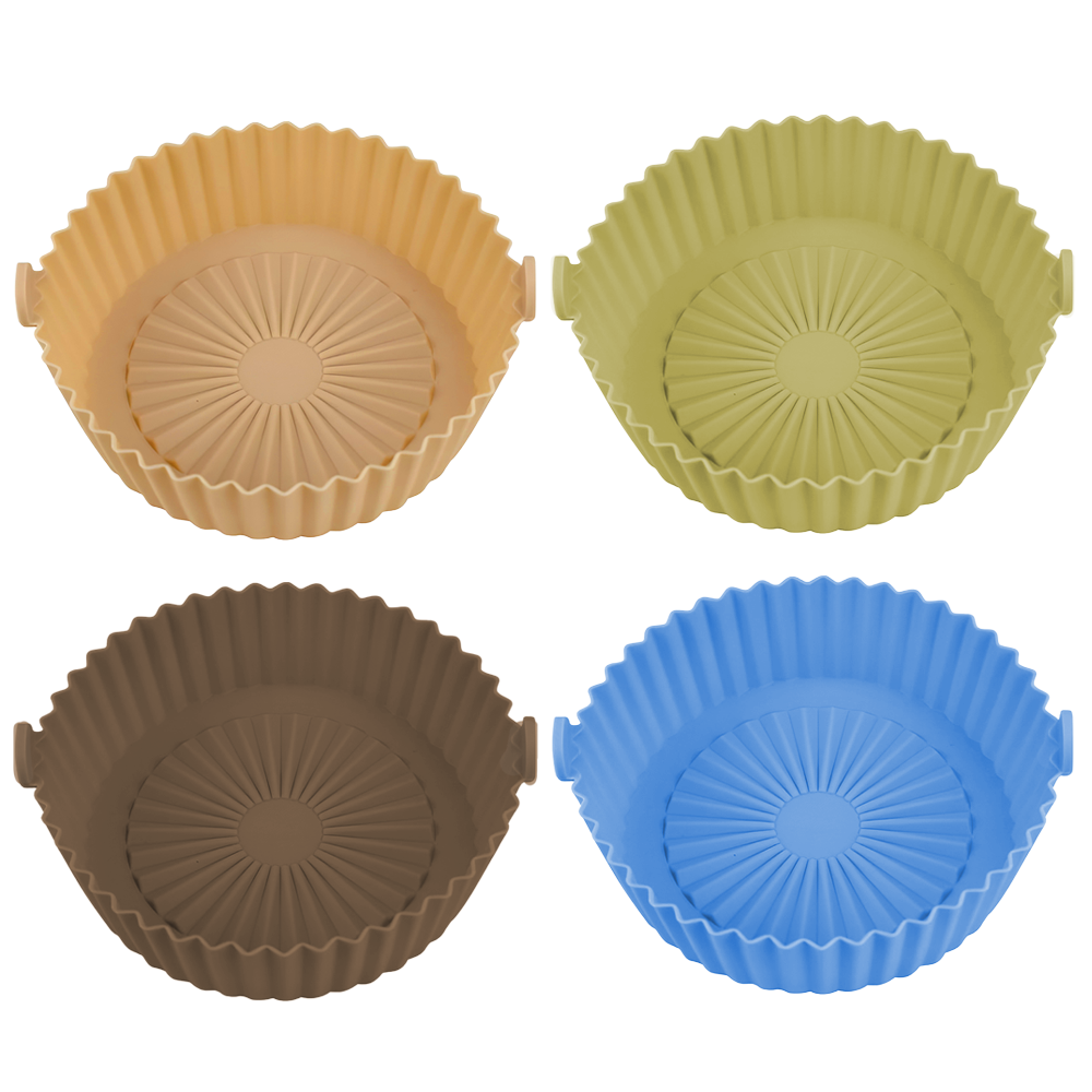 Set 4 Tavi de Copt Rotunde din Silicon Lodi988, pentru friteuza/cuptor/microunde, reutilizabile, antiaderente, rezistente la temperaturi inalte, 21 x 17 cm, multicolor