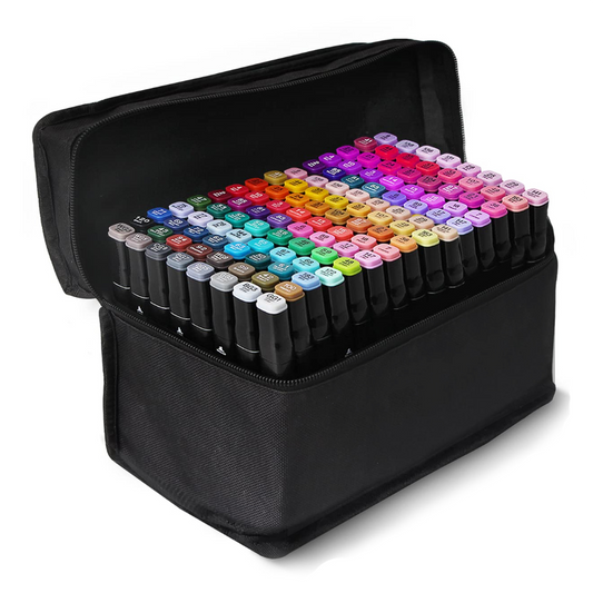 Set 120 Markere Lodi18, geanta de depozitare inclusa, 2 tipuri de varf, pe baza de alcool, culori intense, multicolor