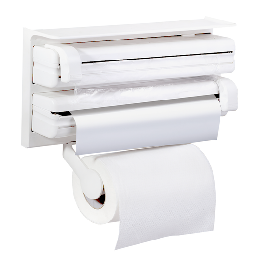 Dispenser de Bucatarie Multifunctional Lodi1491, 4 in 1, pentru folie alimentara/ folie de aluminiu/ hartie de copt si servetele, rezistent, montare usoara cu suruburi, compatibil cu diverse dimensiuni de role, alb