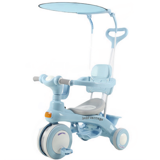 Tricicleta Multifunctionala Lodi1106, structura stabila, pedale anti-derapante, suport picioare, cosulet pe spate, spatar detasabil, parasolar, muzica incorporata, albastru