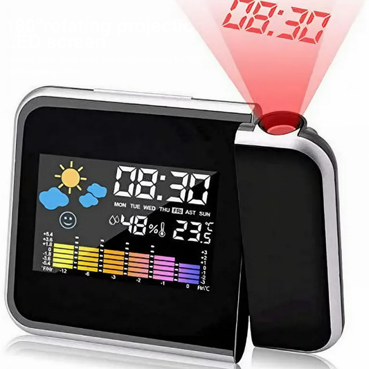Ceas cu Proiector Multifunctional Lodi1499, statie meteo, higrometru, wireless, afisaj digital, proiector rotativ la 180°, predictie vreme 12 ore, 15 x 11 x 2.5 cm, negru