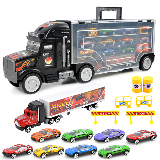 Set Camion Trailer de Jucarie pentru Transport Lodi1167, pentru masinute de curse, 9 masinute incluse, semne de circulatie, accesorii mobile, plastic si metal, scara 1:22, negru