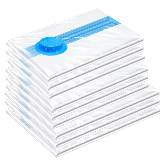 Set 12 Saci de Vidat Lodi1414, pentru imbracaminte, pilote, perne, rezistenti, valva tripla, materiale calitative, protectie waterproof, reutilizabili, vidare prin vacuum, 4 marimi, transparent/albastru